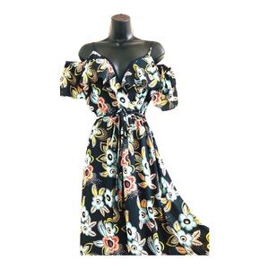 Loft Cold shoulder wrap style v-neck belted dark‎ floral maxi dress size small
